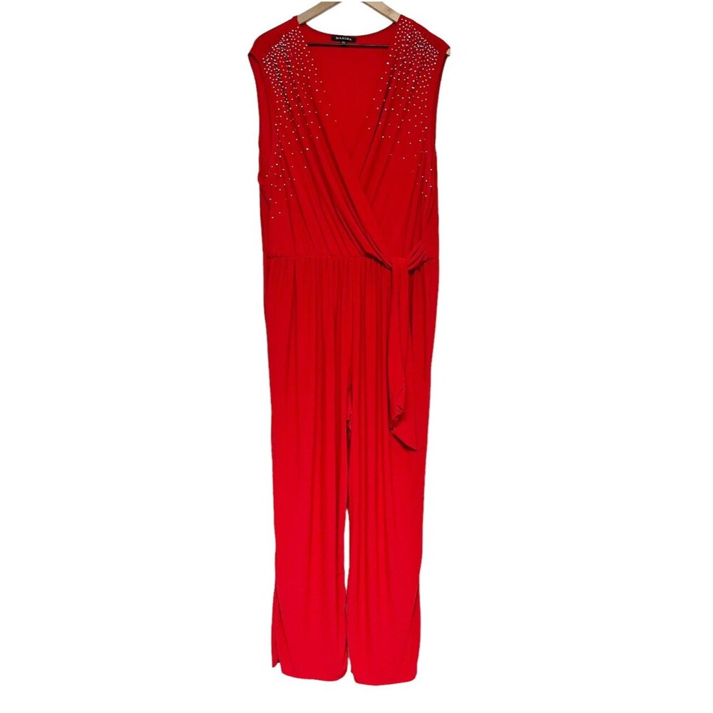 Marina Womens Red Jumpsuit Plus Size 3x Embellished V-Neck Stretch NWT Holiday